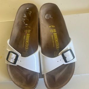 white patent leather single strap birkenstock
